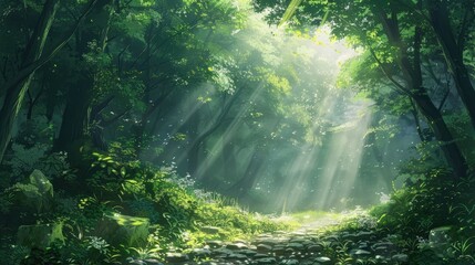 Fototapeta premium Anime style forest clearing, sunlight filtering through lush greenery, summer scene, peaceful ambiance