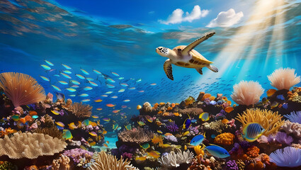 A vibrant, colorful coral reef teeming with marine life