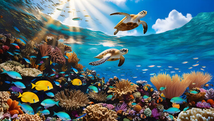 A vibrant, colorful coral reef teeming with marine life