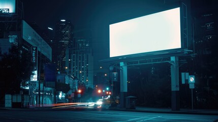 Blank billboard at night in a city, illuminated and ready for mockup display, highlighting its contrast with the dark urban area