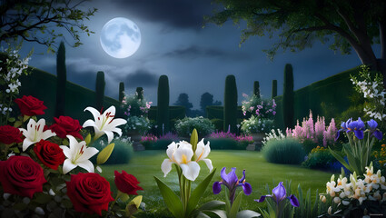 A tranquil, moonlit garden with a variety of fragrant flowers