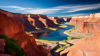 A dramatic, rugged canyon with a river flowing far below