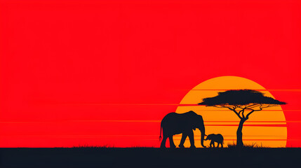 Fototapeta premium Elephant family silhouette at sunset in tropical jungle, Serene slephant silhouette at dusk in vibrant jungle, silhouette elephant family walking in twilight sunset beautiful background.