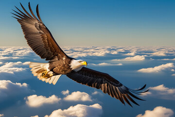 Fototapeta premium Majestic Fish Eagle soaring above cumulus clouds against a brilliant blue sky, conveying power, freedom, and serenity.