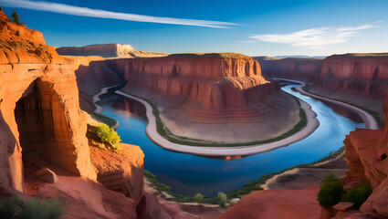 A dramatic, rugged canyon with a river flowing far below