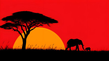 Elephant family silhouette at sunset in tropical jungle, Serene slephant silhouette at dusk in vibrant jungle, silhouette elephant family walking in twilight sunset beautiful background.