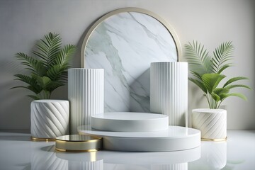 Blank podium display in white marble color. Minimalist pedestal for presenting products and mock-ups.






