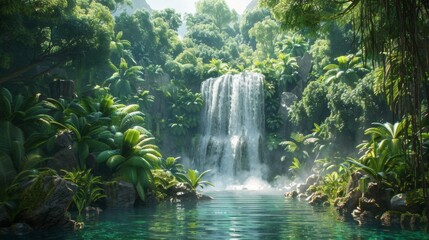 Fototapeta premium A lush green jungle with a waterfall cascading into a pool