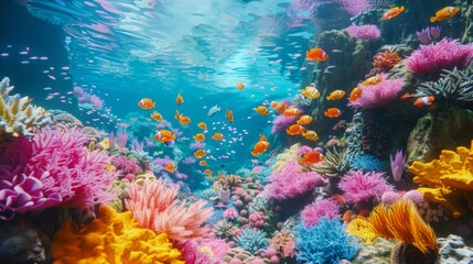 A 3D render of a vibrant underwater coral reef with fish swimming