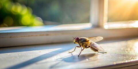 Naklejka premium dead fly on a white windowsill in the sun AI-Created Content