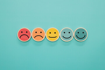 Service rating, feedback, winner and satisfaction concept. Wooden sign with rating feedback...