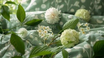 Botanical Print Fabric : A fresh, green botanical print with leaves and flowers on a fabric background