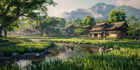 Japanese village with rice fields and pond, generative AI