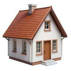 Fototapeta premium A quaint small white house with a brown roof stand isolated on transparent background