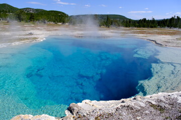 beautiful blue Sapphire Pool hot spring, at Biscuit Basin of Yellowstone National Park, USA