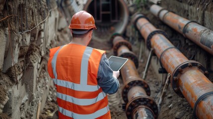 Construction site with an engineer in safety vest checking large pipes in a trench, tablet in hand for documentation