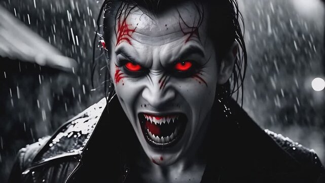 Vampire Character in Rainy Urban Night Setting. A vampire emerges with glowing red eyes in the rain.