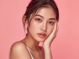 Fototapeta premium Serene Beauty: A young Asian woman with flawless skin and a gentle touch, embodying elegance and natural beauty on a soft pink backdrop. 