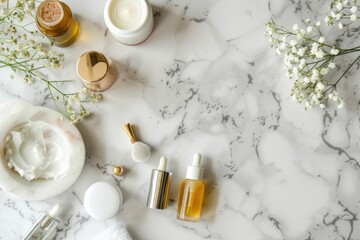 Beauty Essentials: A Flat Lay of Skincare on Marble