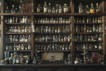 Obraz premium Dark wood shelves lined with glass jars, old books, and antique scales. 