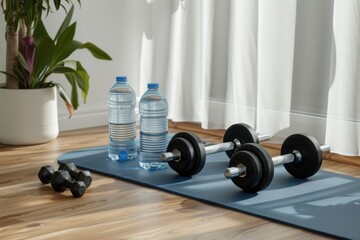 A home gym setup with dumbbells