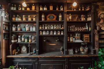Dark wood shelves lined with glass jars, old books, and antique scales. 