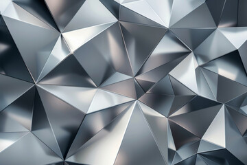Metallic silver geometric shapes form an abstract futuristic background