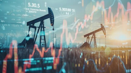 Double exposure of oil pumpjacks in a field with stock market data charts, conveying fluctuating gasoline prices and energy market dynamics