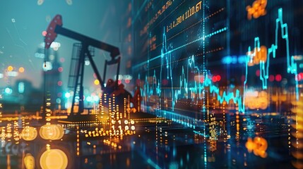 Fototapeta premium Double exposure showing oil pumpjacks and stock market data, symbolizing the fluctuating dynamics of gasoline prices and the energy market