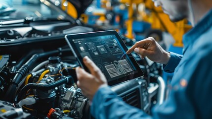 An auto mechanic working on an engine repair using a digital tablet diagnosing a vehicle in a repair shop by clicking icons on a virtual display