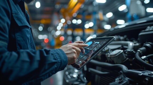 Auto mechanic with digital tablet at work making an engine repair diagnosis of a car in a mechanic garage, touching icons on virtual screen