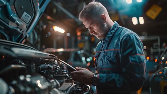 Auto mechanic with digital tablet at work making an engine repair diagnosis of a car in a mechanic garage, touching icons on virtual screen