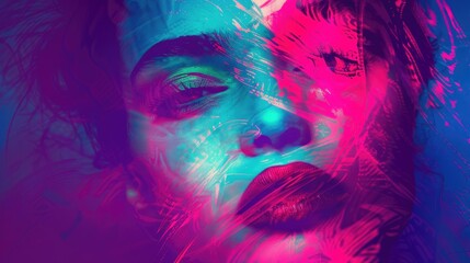 Dramatic portrait of a woman with neon overlays and abstract designs, combining vintage style with contemporary digital art