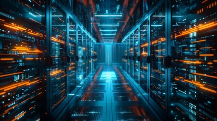 Behind glass panels in the server room of a data center or Internet service provider, digital information travels through the network and data servers