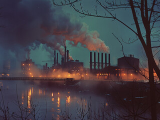 The image depicts a smoking factory emitting toxic fumes into the atmosphere, illustrating the environmental impact of industrial production.