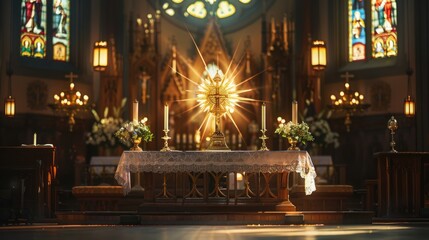 Obraz premium Elegant altar in a church, adorned with a radiant monstrance, candle, and chalice, under soft lighting and stained glass windows