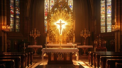 Elegant altar in a church, adorned with a radiant monstrance, candle, and chalice, under soft lighting and stained glass windows