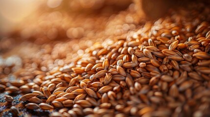 Obraz premium Barley Ingredients for Brewing in the Factory beer brewing Hold wheat or barley of the grains in a close-up crop warehouse.