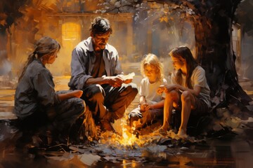 Family Gathering Around a Campfire