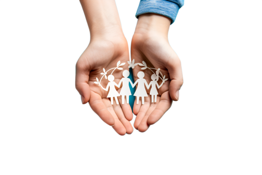 The family cut out paper figures in the hands of young people on a transparent background 