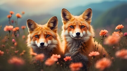 Fototapeta premium A couple of foxes cozy up in a field of blooming flowers against a blurry backdrop. AI-produced picture