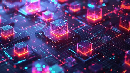 Fototapeta premium Neon Cubes: Abstract digital art depicting a futuristic landscape of glowing cubes interconnected by neon lines. 