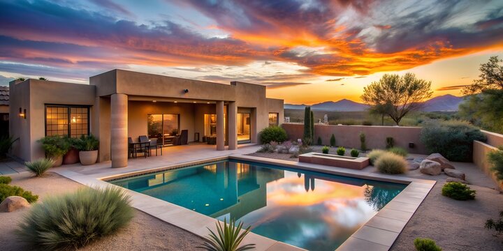 Adobe home with pool and desert landscaping at sunset AI-Generated Content