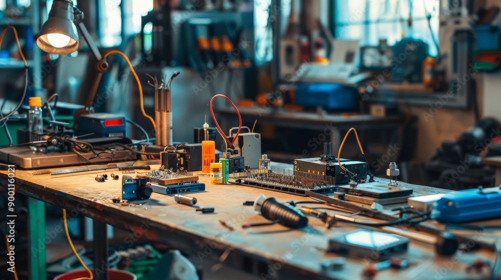 Aufkleber Busy electronics workshop with circuits and tools on a cluttered workbench. Innovative engineering and hands-on technical work