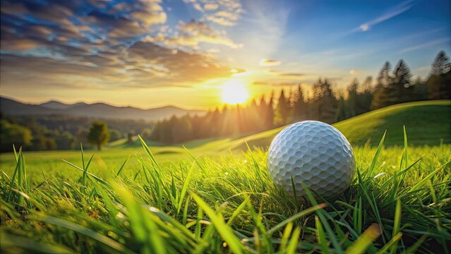 Immersive golf experience with golf ball nestled in lush green field, perfect for golf camp adventures, golf, immersive, experience