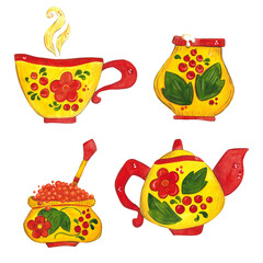 Hand drawn watercolor illustration. Set for the Maslenitsa holiday, dishes with folk patterns. Maslenitsa holiday, Shrovetide, carnival, Maslenitsa, Mardi Gras, Shrove Tuesday, pancake week