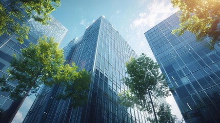 Modern Glass Building with Green Trees - 3D Render Illustration