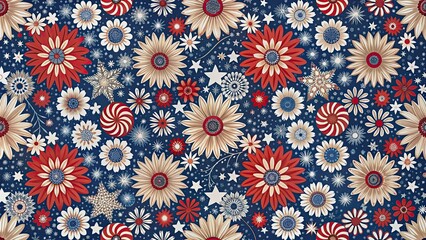 Seamless floral pattern in red, white, and blue with American patriotic colors, patriotic, American, seamless, floral, pattern, red