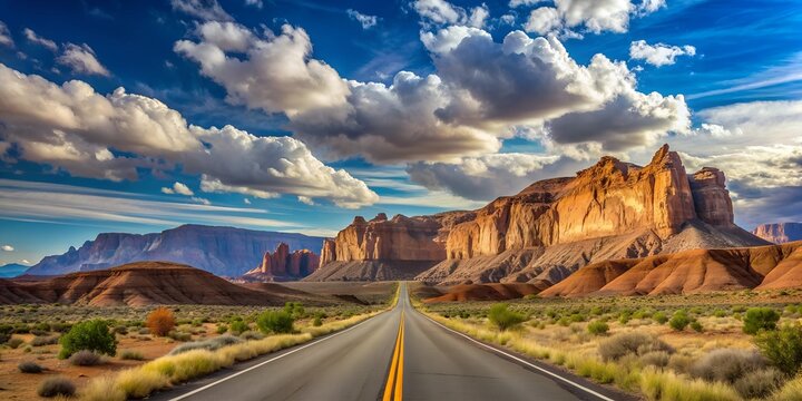 on the road in the desert of rocks and mountains in the United States in Utah with blue sky and clouds AI-Created Content