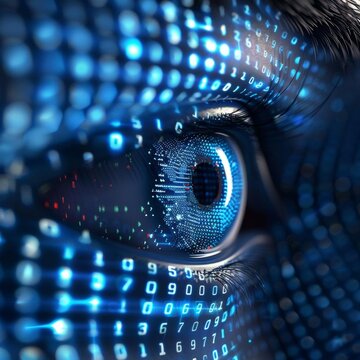 A close-up of a blue eye with binary code swirling within the iris. A futuristic concept representing digital vision and data analysis.